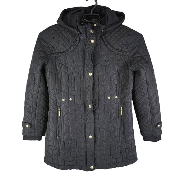 Womens Black Weatherproof Quilted Hooded Jacket w/ Floral Lining Full Zip Size M - Picture 1 of 12
